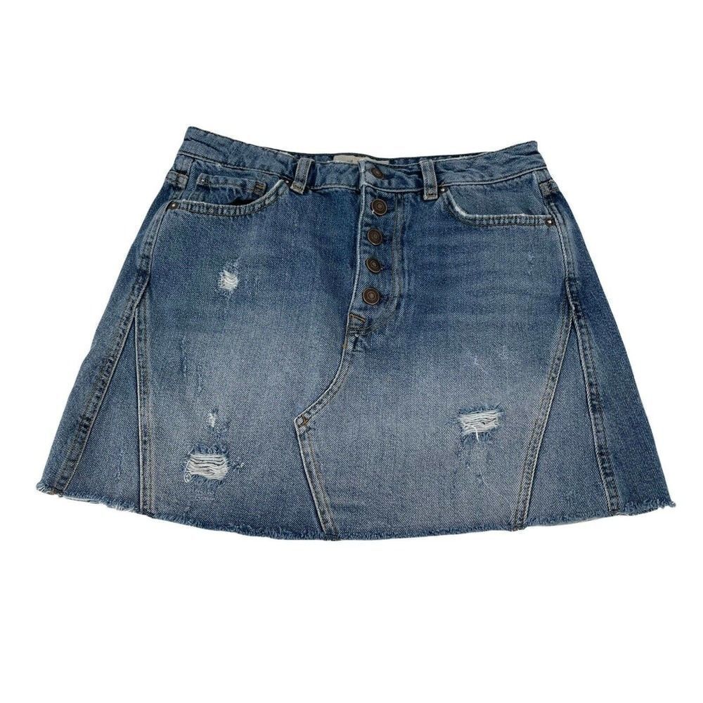 Free People Jean Skirt We The Free Denim Mini Distressed Size 29 Button Fly Boho